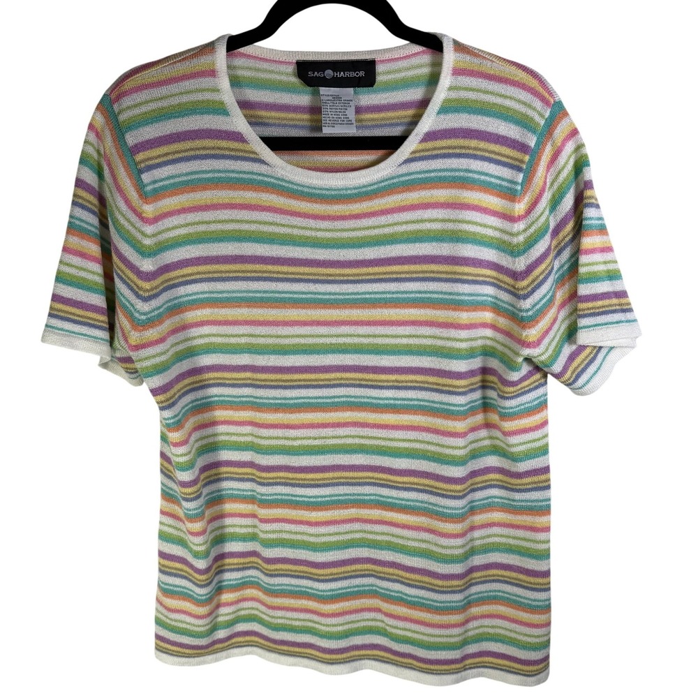 Sag Harbor Womens XL Striped Knit Top Short Sleeve Multicolor Crew Neck S53308